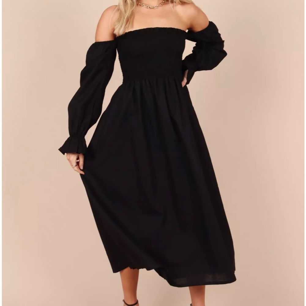 Domenica Shirred Long Sleeve Midi Dress
